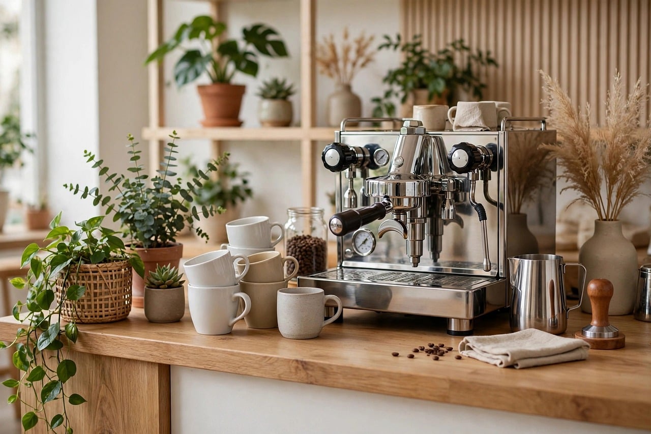 An espresso machine, stacked cups and potted plants on a wooden counter